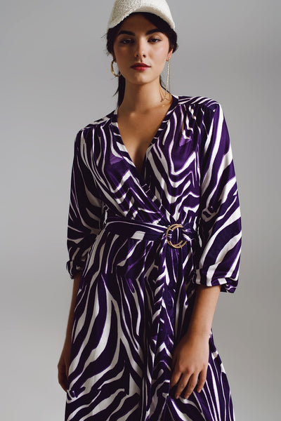 Midi Belted Wrap Dress in Purple and Cream Zebra Print