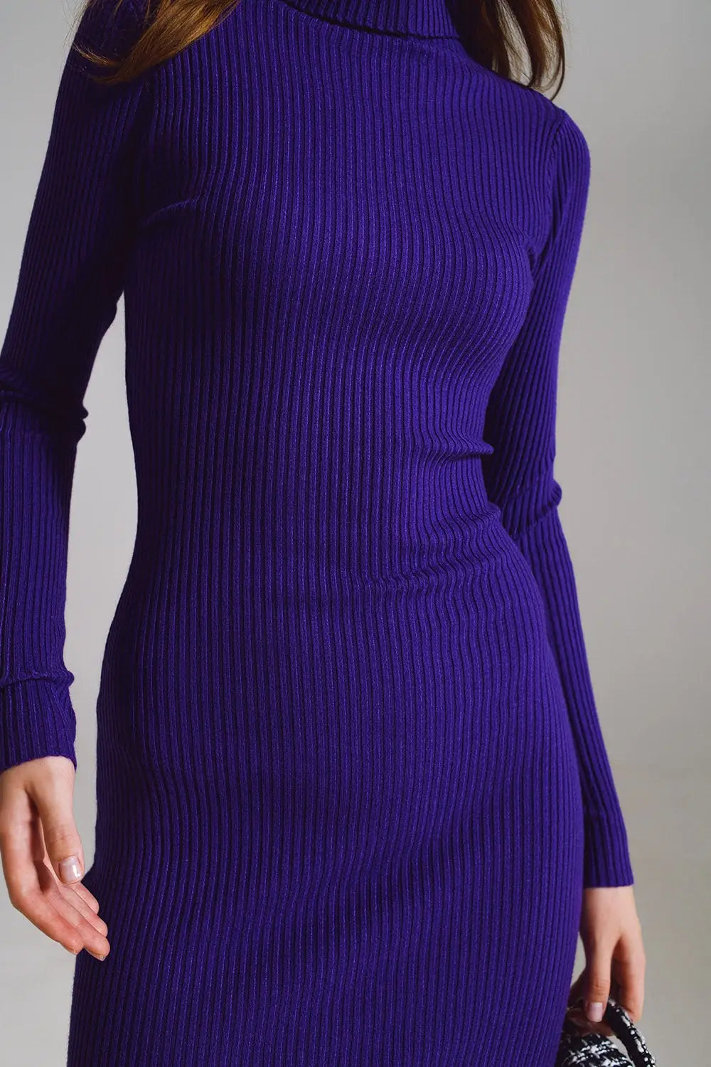 Midi Bodycon Knitted Dress With Turtle Neck in Purple - One Size / Purple - Dresses