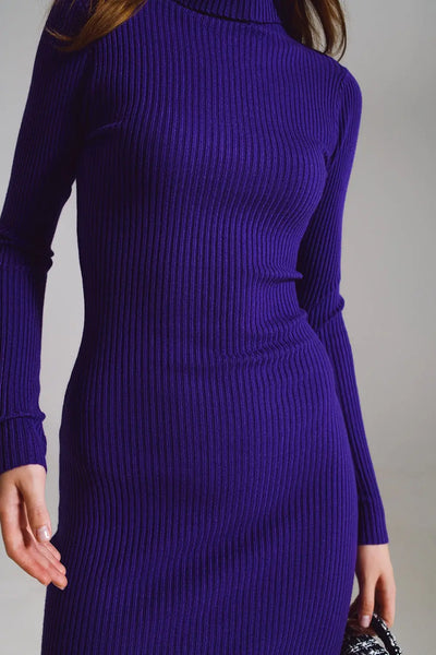 Midi Bodycon Knitted Dress With Turtle Neck in Purple - One Size / Purple - Dresses