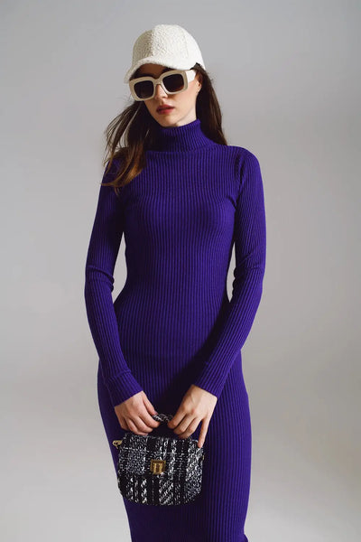 Midi Bodycon Knitted Dress With Turtle Neck in Purple - One Size / Purple - Dresses