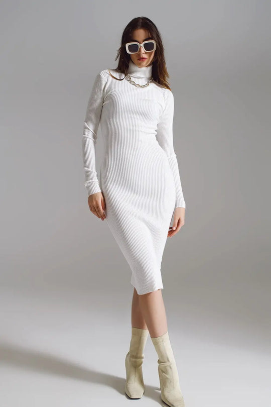 Midi Bodycon Knitted Dress With Turtle Neck in White - One Size / White - Dresses