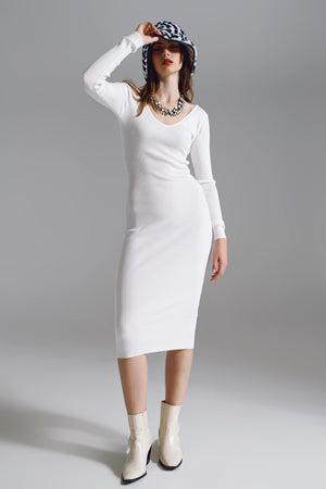 Q2 Midi bodycon knitted dress with V-neck in White