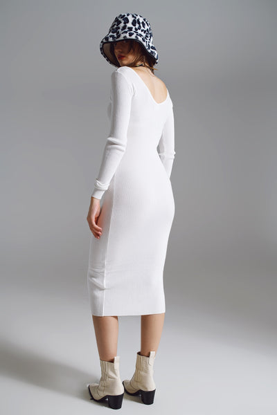 Midi bodycon knitted dress with V-neck in White