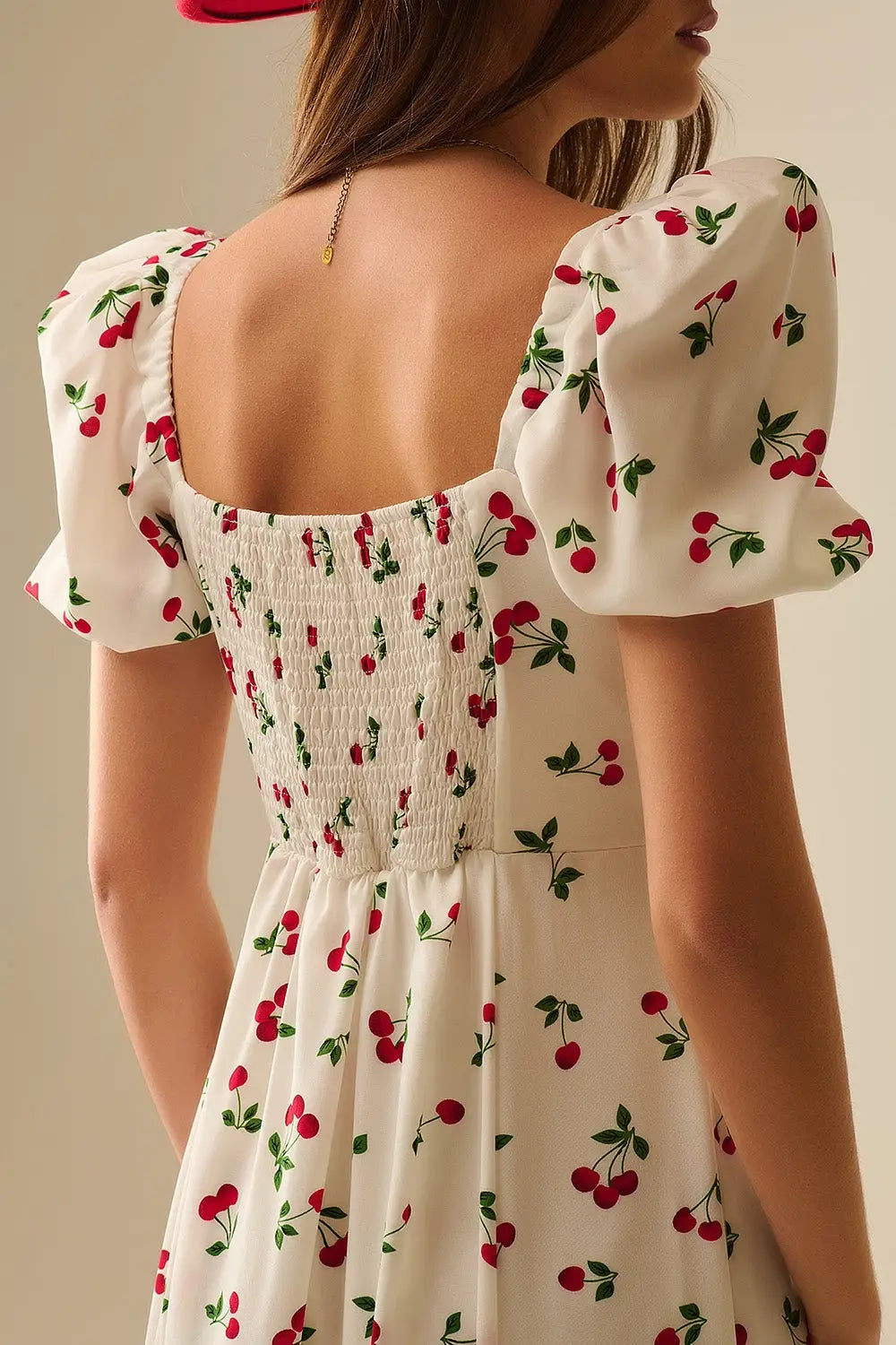 Midi Cherry Print Dress With Puff Sleeves - Dresses