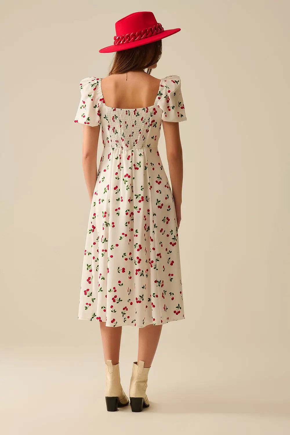 Midi Cherry Print Dress With Puff Sleeves - Dresses