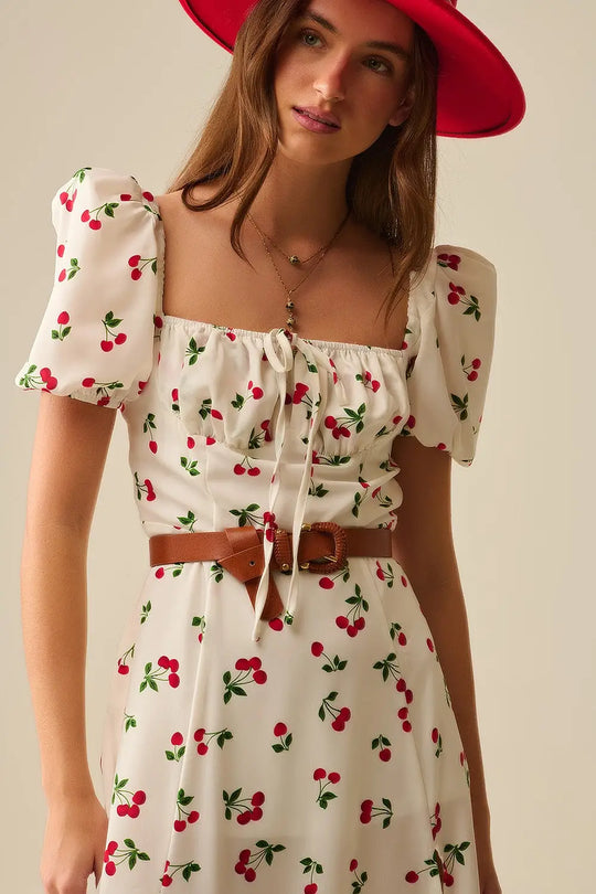 Midi Cherry Print Dress With Puff Sleeves - Dresses