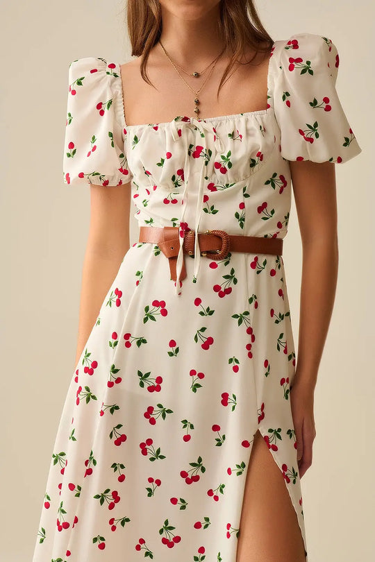 Midi Cherry Print Dress With Puff Sleeves - Dresses
