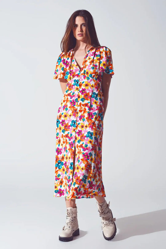 Midi Cinched In Wist Dress In Multicolot Floral Print - Dresses