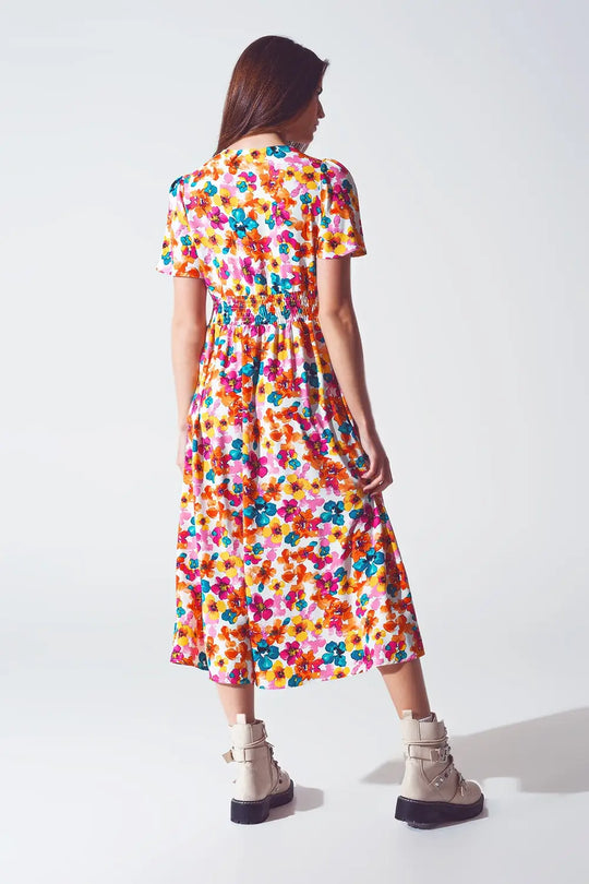 Midi Cinched In Wist Dress In Multicolot Floral Print - Dresses