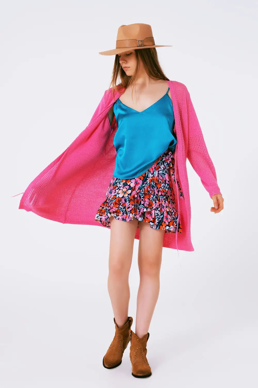 Midi Crochet Drawstring Cardigan in Pink - One Size / Pink - Sweaters