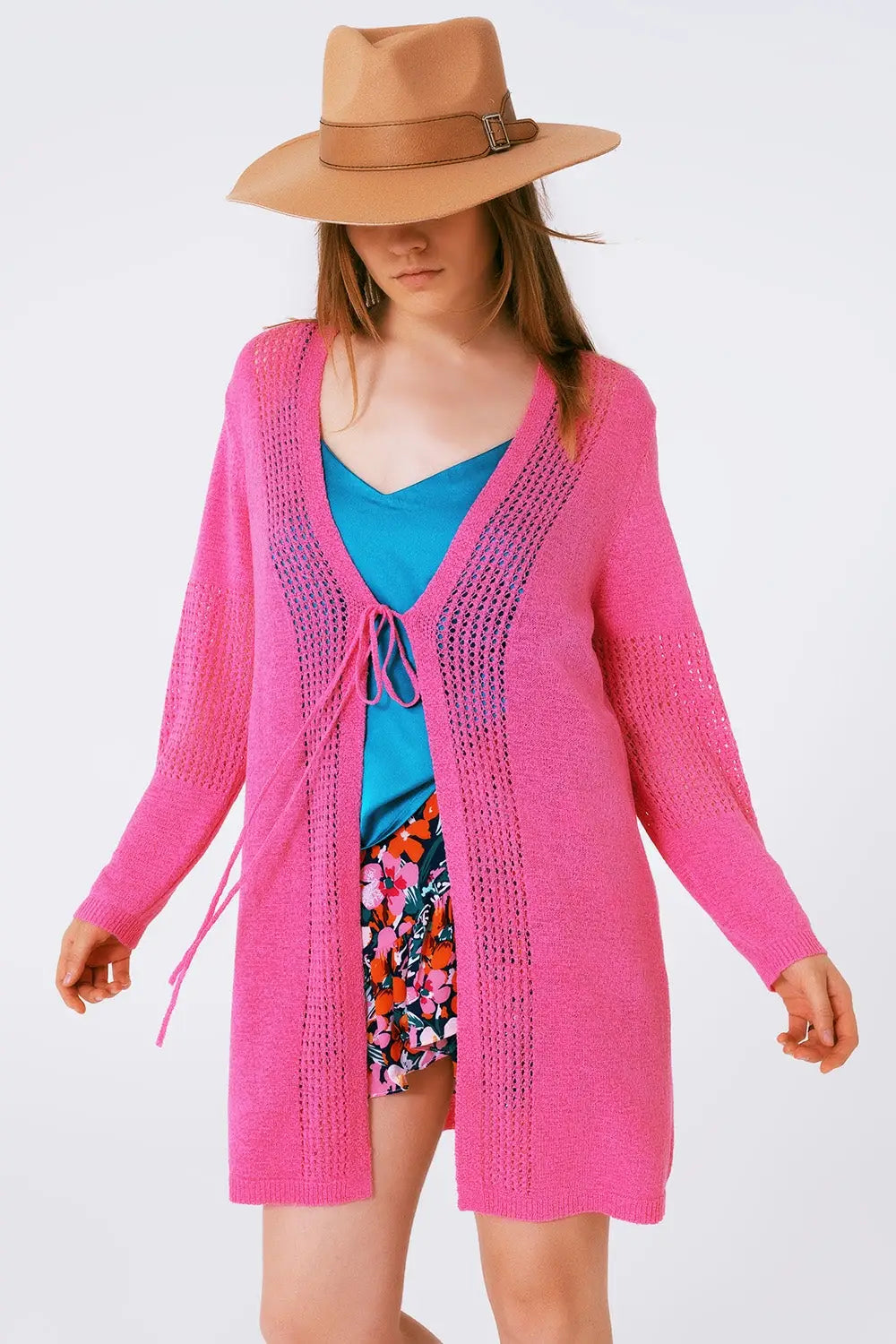 Midi Crochet Drawstring Cardigan in Pink - One Size / Pink - Sweaters