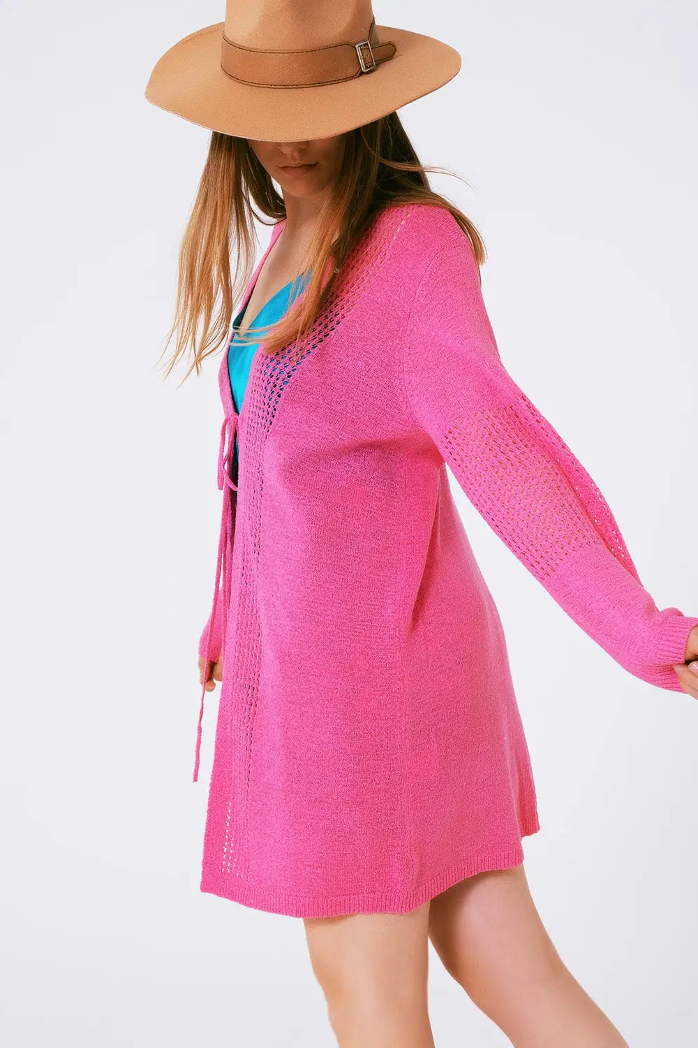 Midi Crochet Drawstring Cardigan in Pink - One Size / Pink - Sweaters