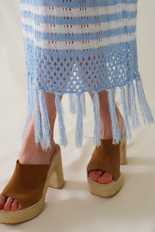 Midi Crochet White Skirt With Blue Stripes and Fringe Hem - One Size / Blue - Skirts