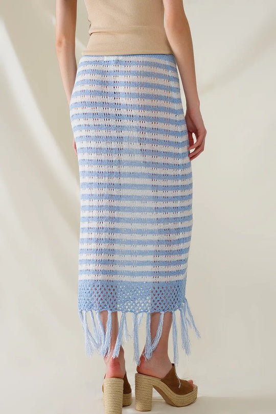 Midi Crochet White Skirt With Blue Stripes and Fringe Hem - One Size / Blue - Skirts
