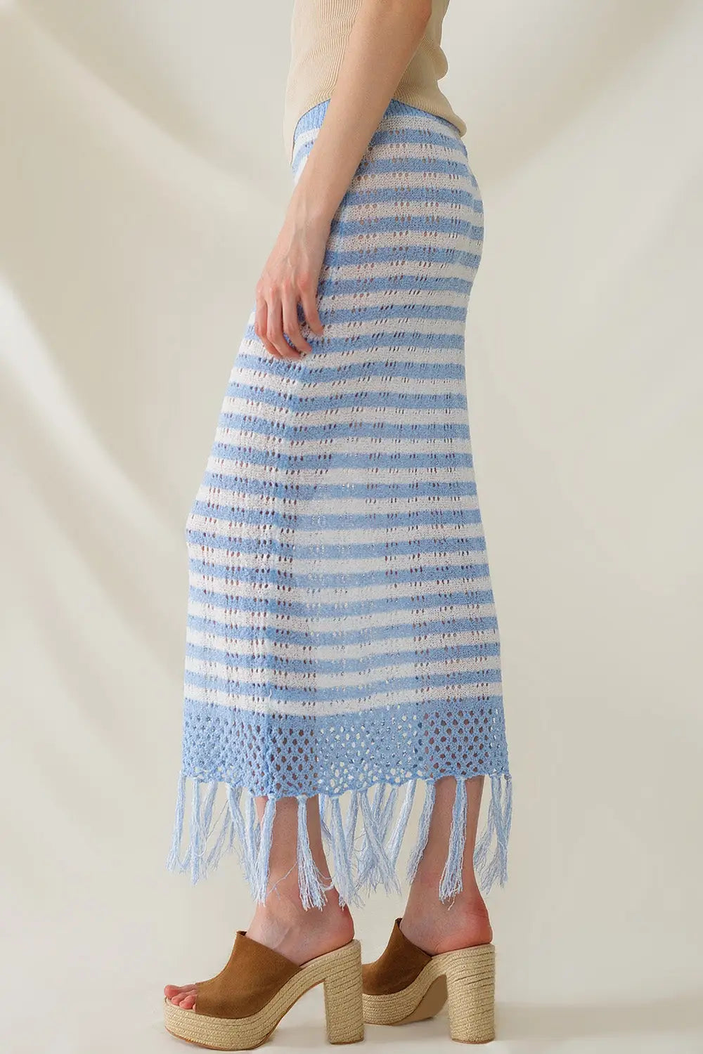 Midi Crochet White Skirt With Blue Stripes and Fringe Hem - One Size / Blue - Skirts