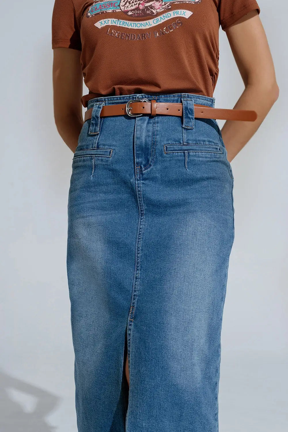 Midi Denim Skirt In Blue With Front Split - Skirts