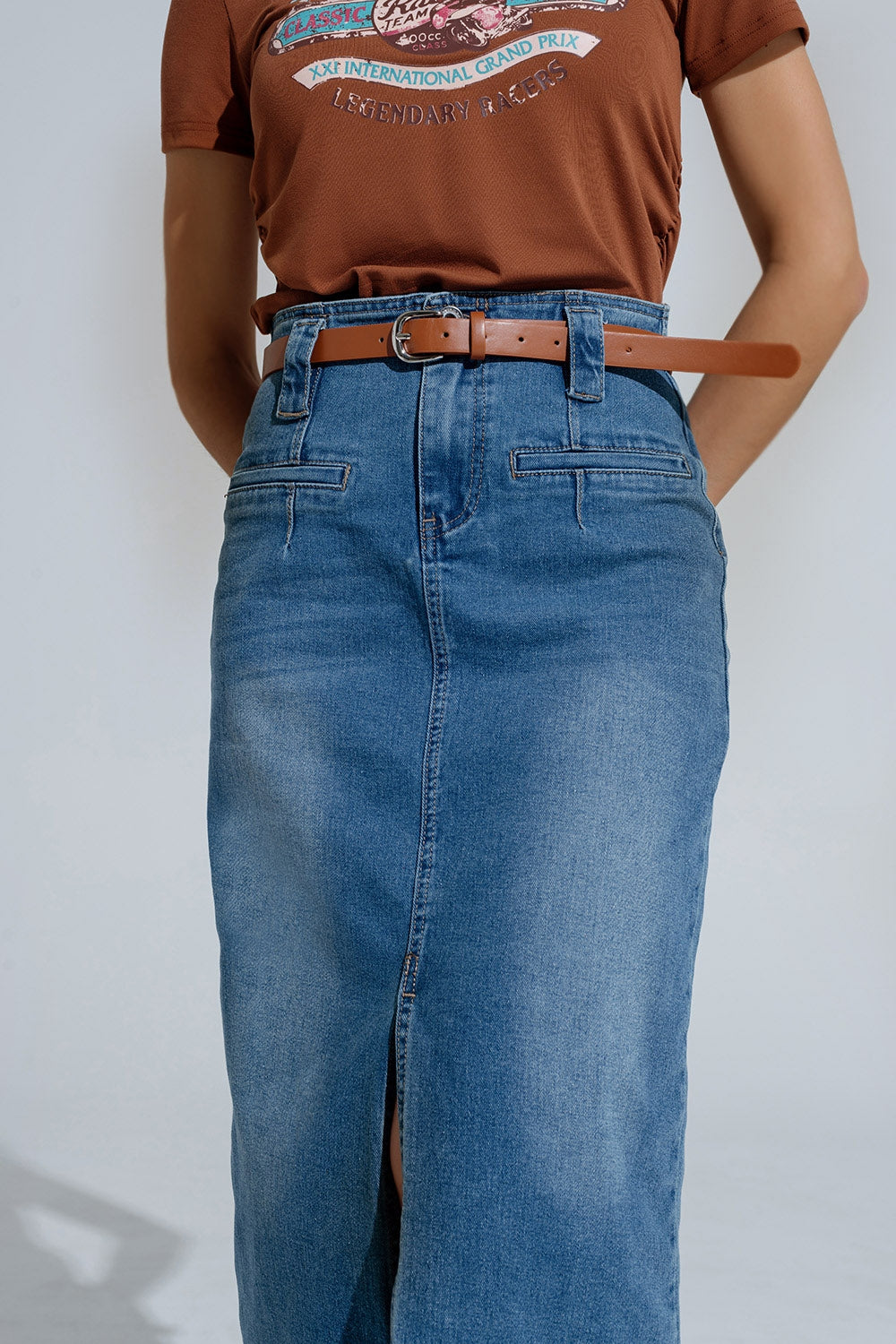 Midi Denim Skirt In Blue With Front Split