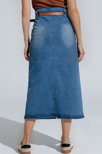 Midi Denim Skirt In Blue With Front Split