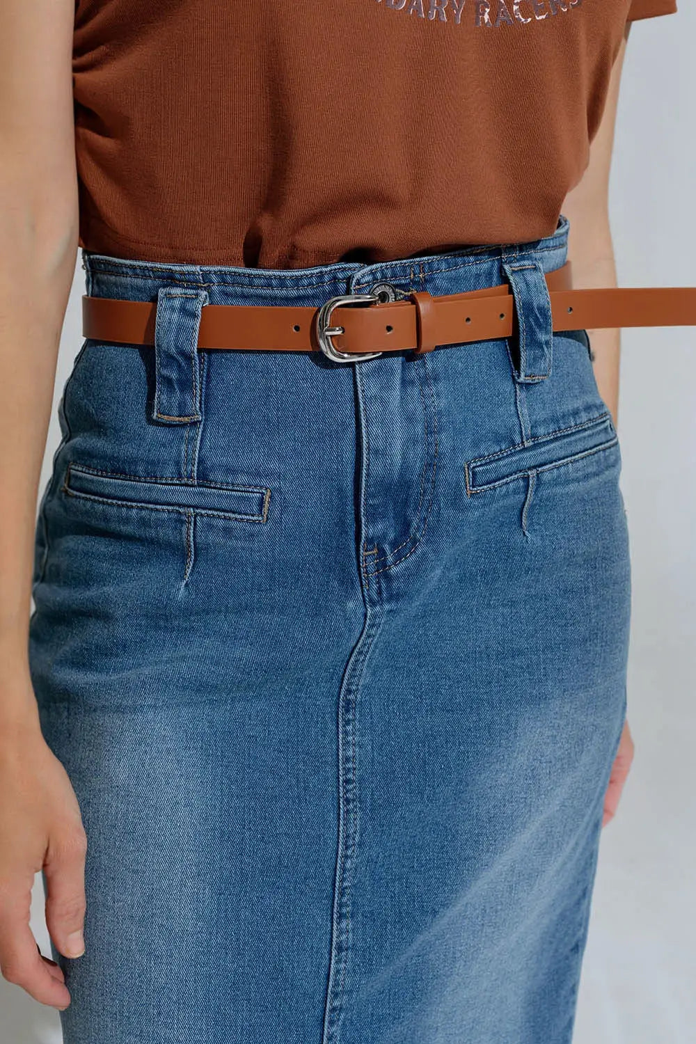 Midi Denim Skirt In Blue With Front Split - Skirts