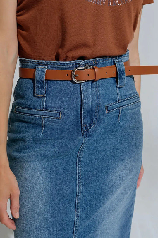 Midi Denim Skirt In Blue With Front Split - Skirts