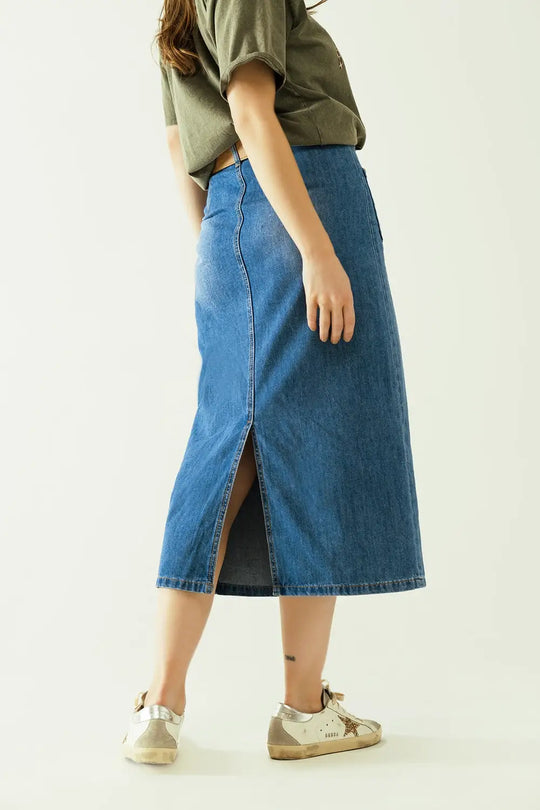 Midi denim skirt with front pockets - Skirts