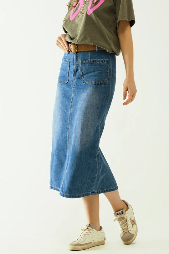 Midi denim skirt with front pockets - Skirts