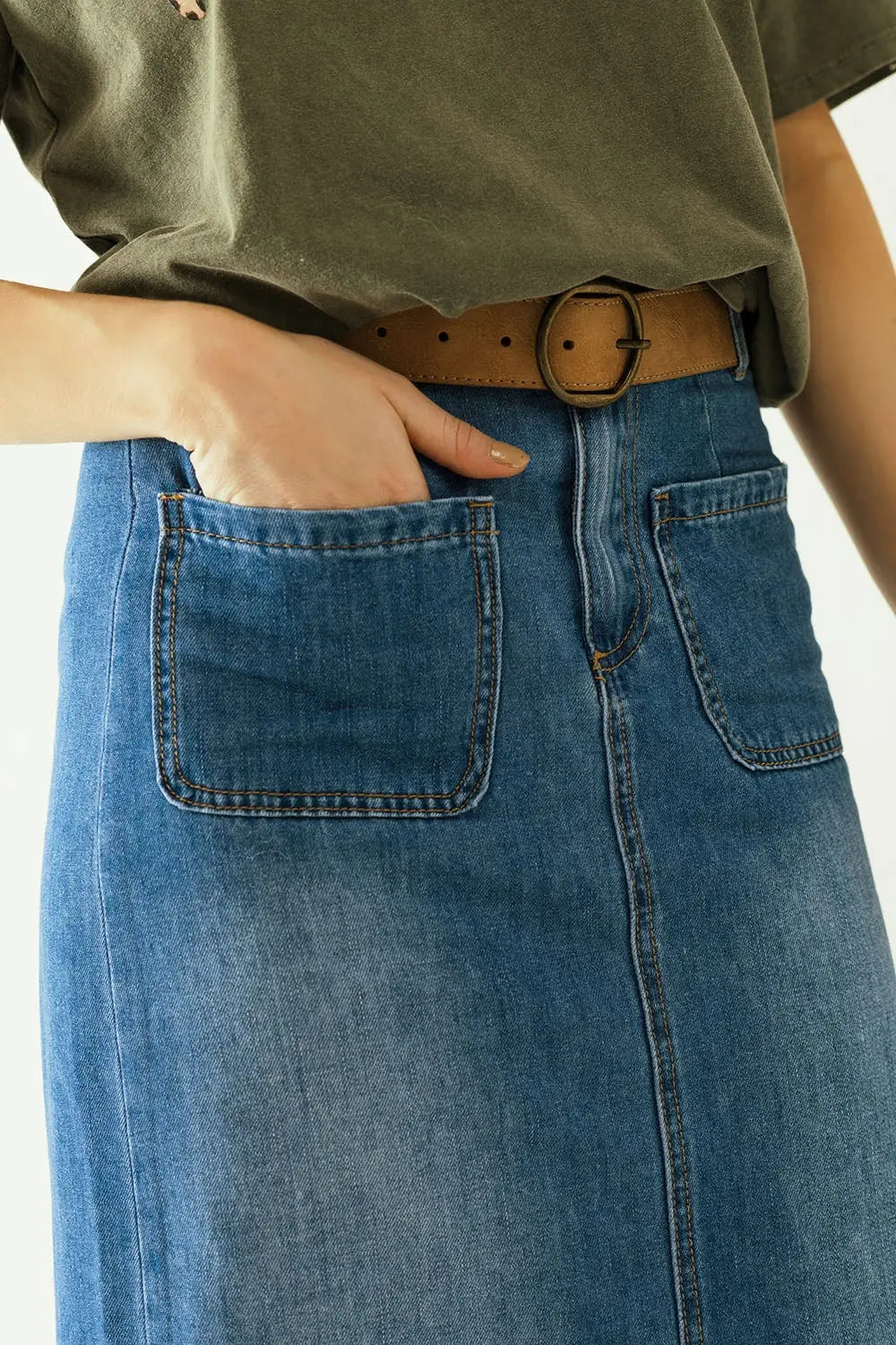 Midi denim skirt with front pockets - Skirts