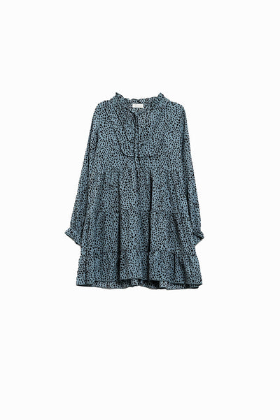 Q2 Midi Dress in Blue With Black Animal Print and Long Sleeves