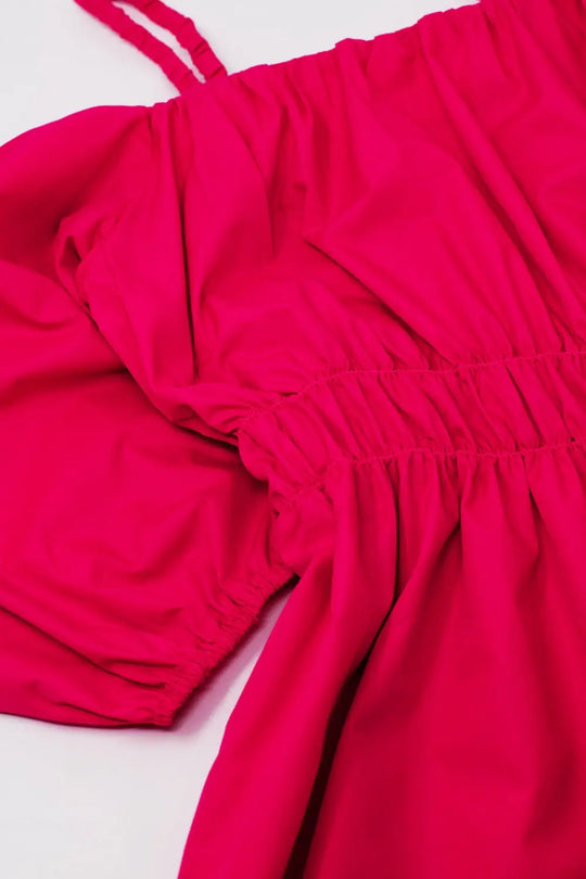 Midi fuchsia dress with short sleeves and straps - Dresses