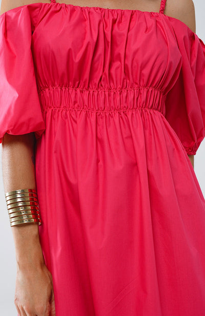 Midi fuchsia dress with short sleeves and straps