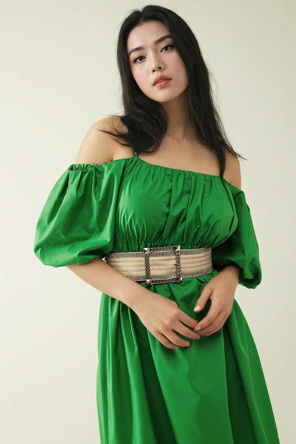 Midi green dress with short sleeves and straps - Dresses