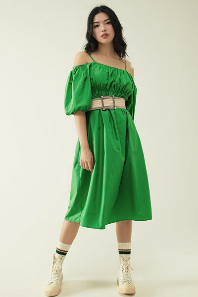 Q2 Midi green dress with short sleeves and straps