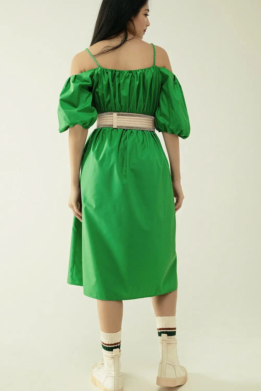 Midi green dress with short sleeves and straps - Dresses