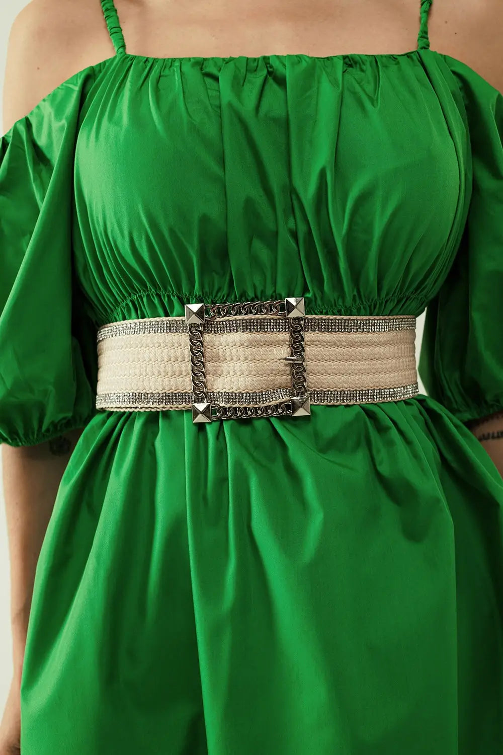 Midi green dress with short sleeves and straps - Dresses