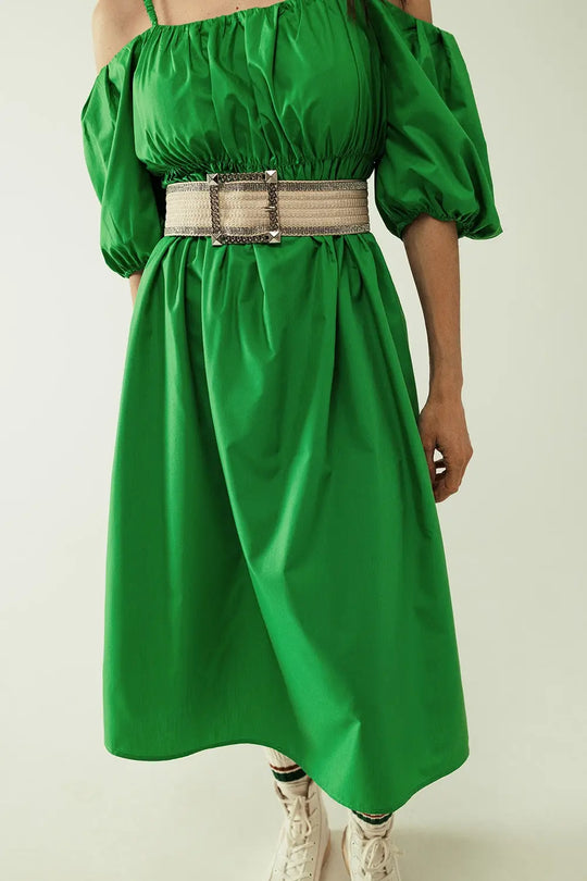 Midi green dress with short sleeves and straps - Dresses
