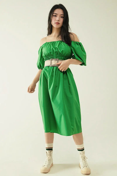 Midi green dress with short sleeves and straps - Dresses