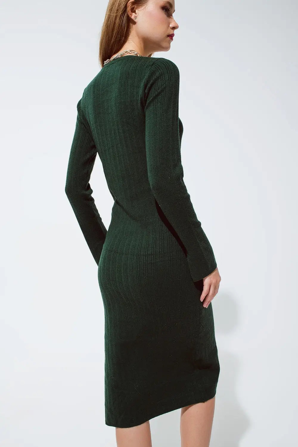 Midi Green Ribbed Knit Dress - Dresses