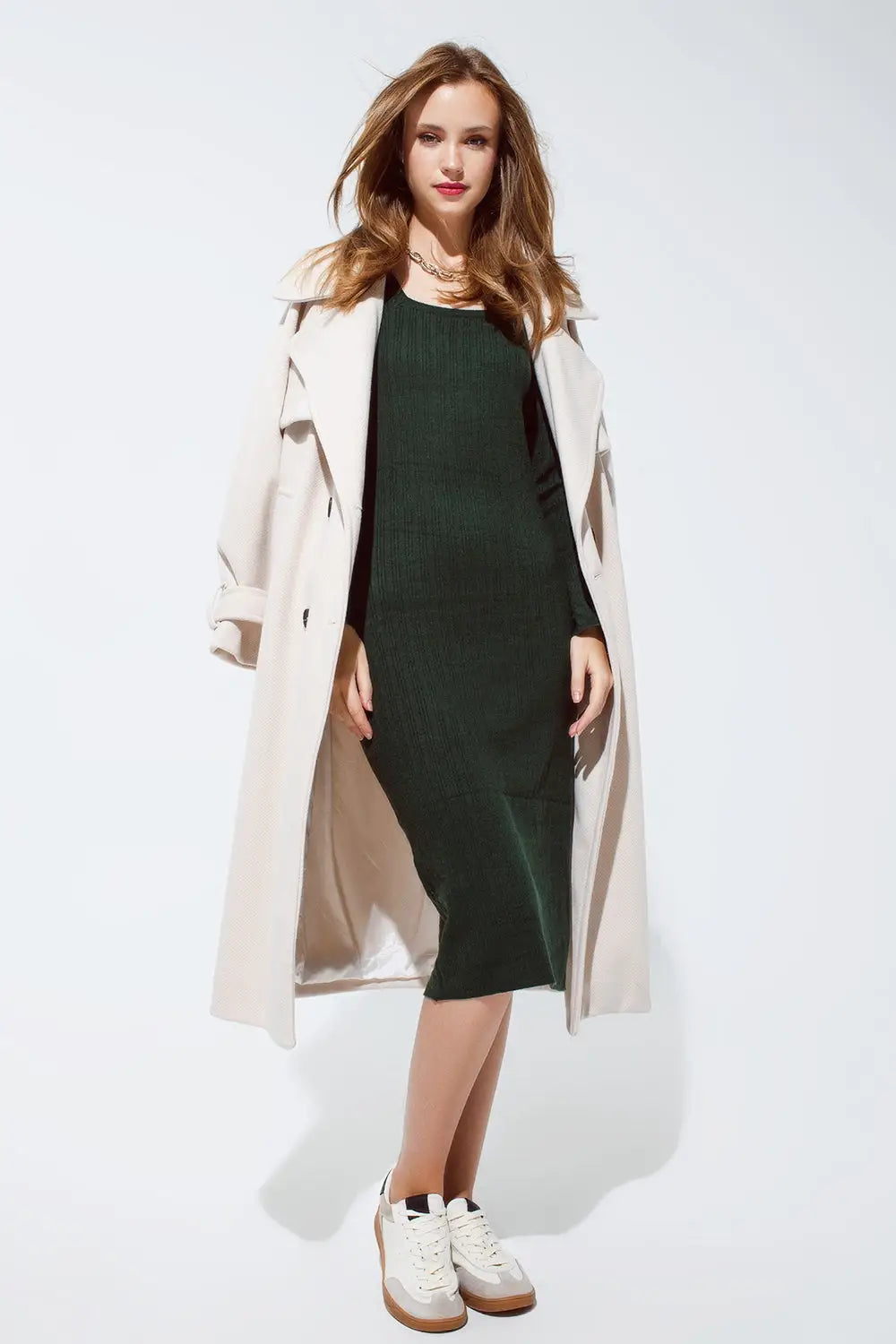 Midi Green Ribbed Knit Dress - Dresses