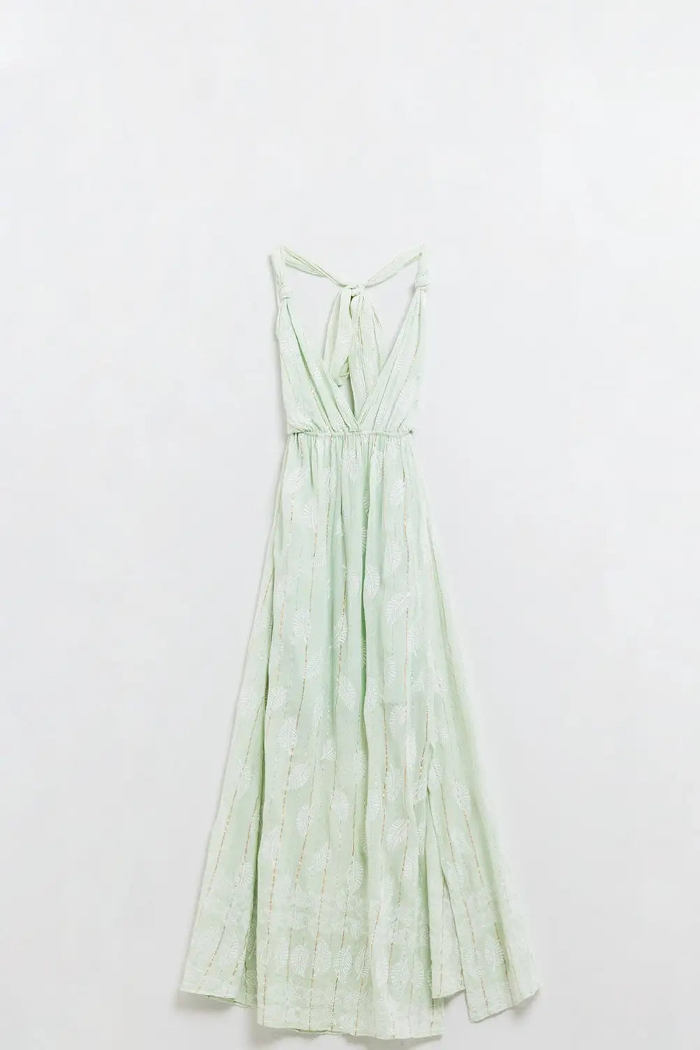 Midi Halter Dress in Mint Leaf Print With Lurex Details - Dresses