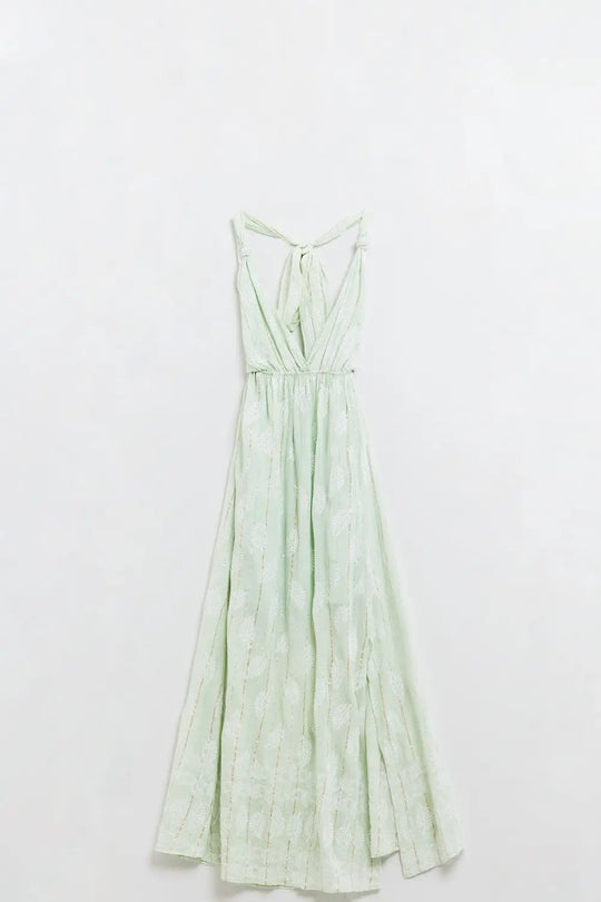 Midi Halter Dress in Mint Leaf Print With Lurex Details - Dresses