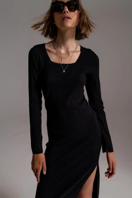 Midi Knit Dress With Square Neckline in Black - Dresses
