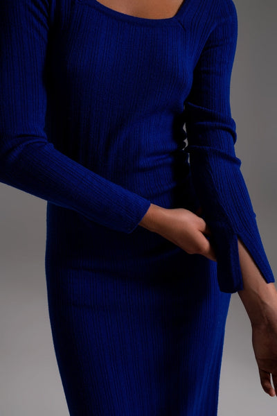 Midi Knit Dress With Square Neckline in Blue