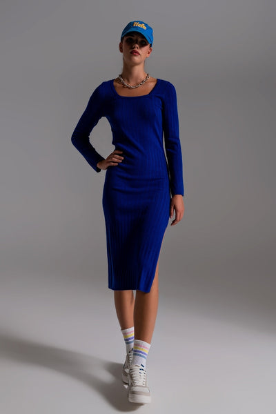 Midi Knit Dress With Square Neckline in Blue