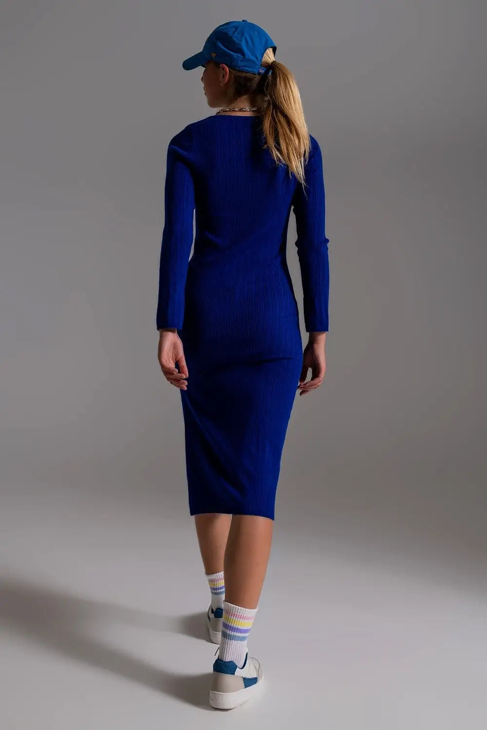 Midi Knit Dress With Square Neckline in Blue - Dresses