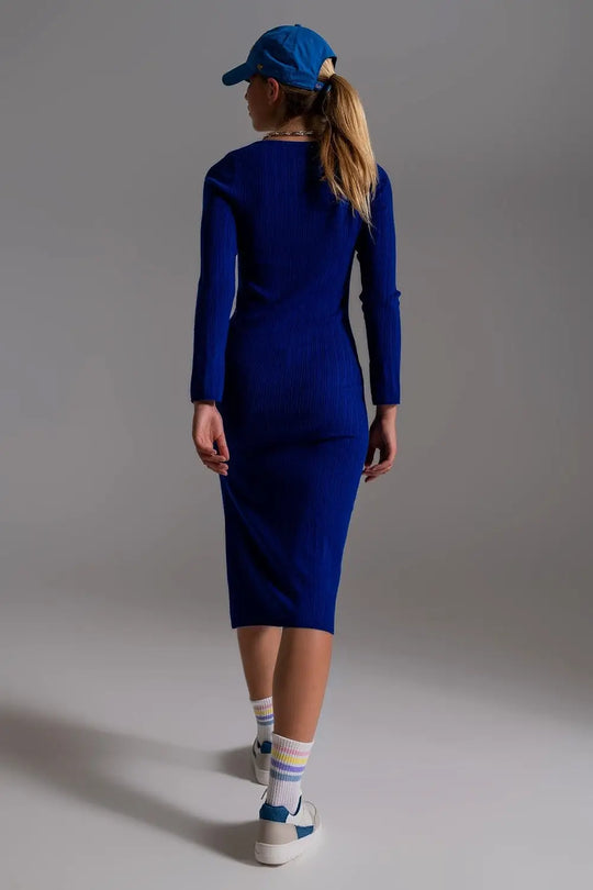 Midi Knit Dress With Square Neckline in Blue - Dresses