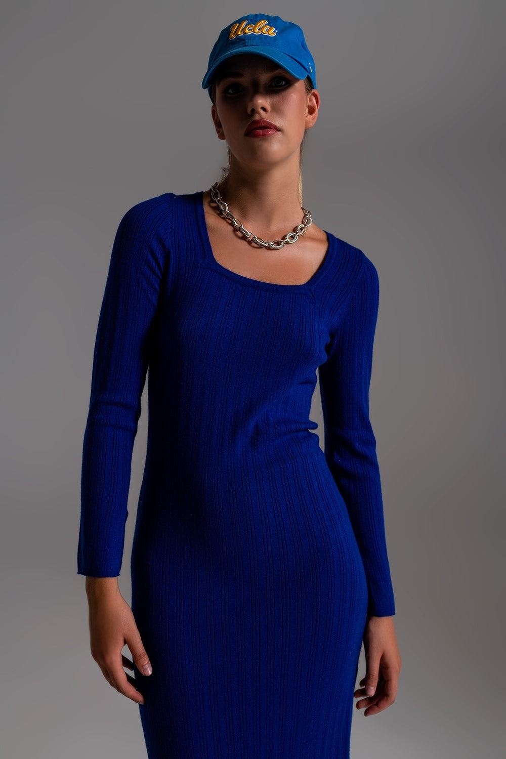 Midi Knit Dress With Square Neckline in Blue