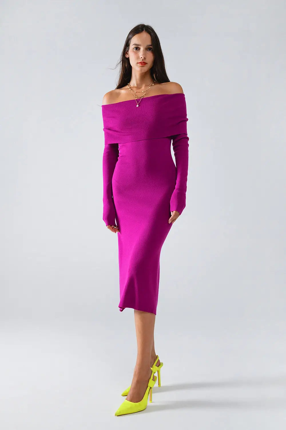 Midi Knitted Folover Badot Dress in Magenta - One Size / Fuchsia - Dresses