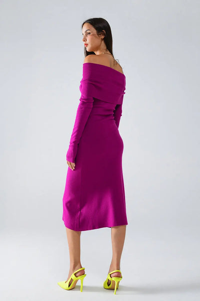 Midi Knitted Folover Badot Dress in Magenta - One Size / Fuchsia - Dresses