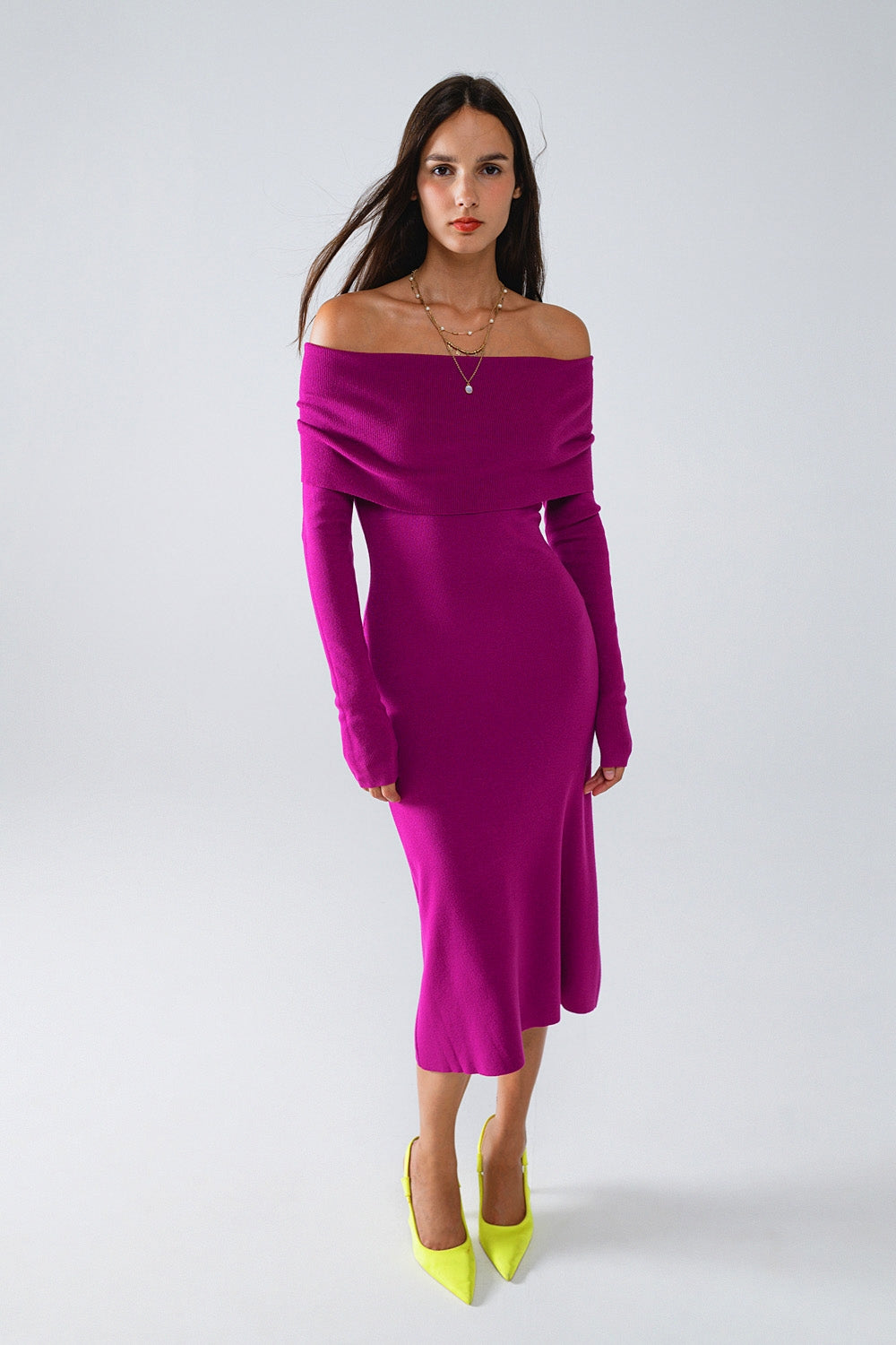 Midi Knitted Folover Badot Dress in Magenta