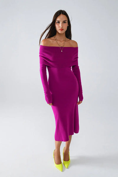 Midi Knitted Folover Badot Dress in Magenta - One Size / Fuchsia - Dresses